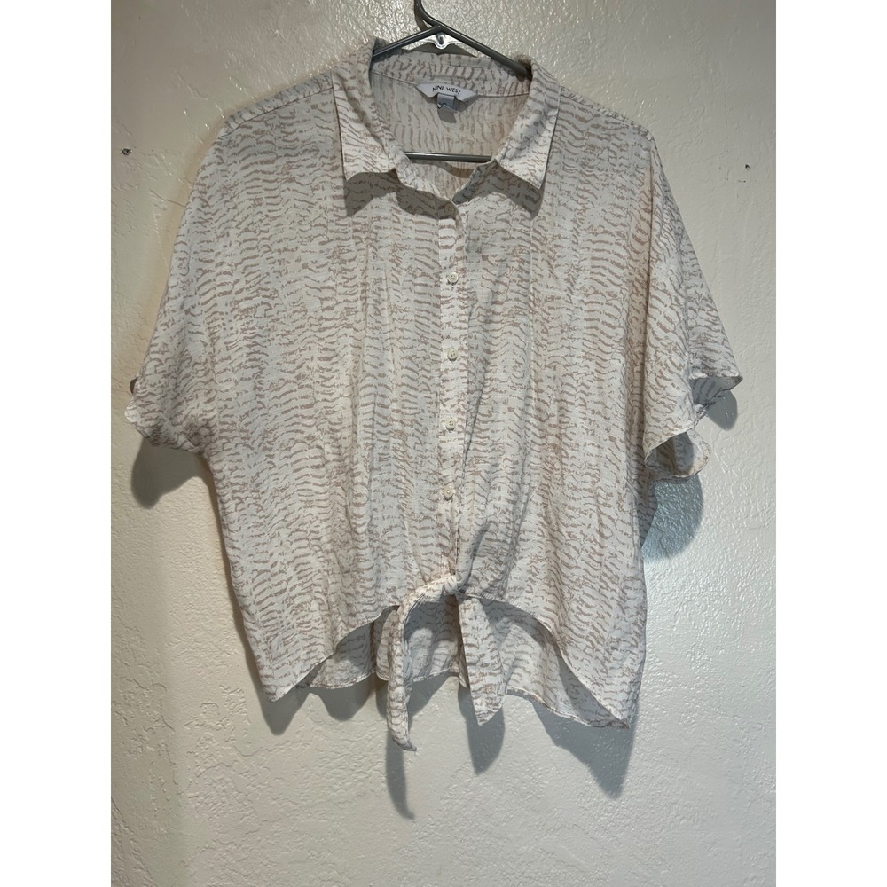 Nine West Womens XL Tan Abstract Print Button‎ Down Short Sleeve Tie Front Top